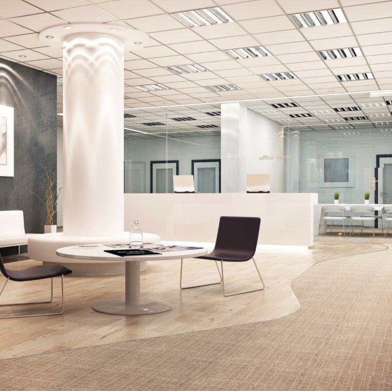 Wood look tile and patterned carpet in a commercial space