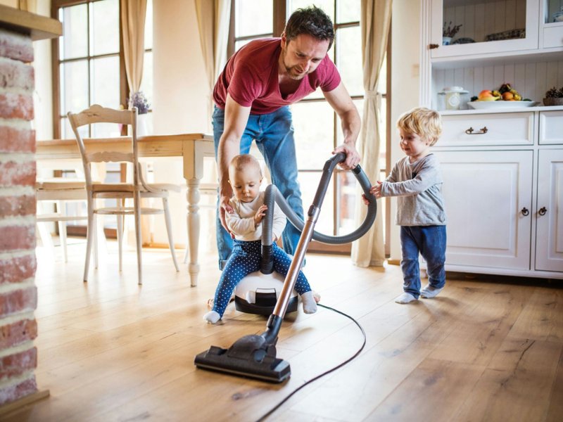 Cleaning childproof hardwood flooring in a Minnesota family home