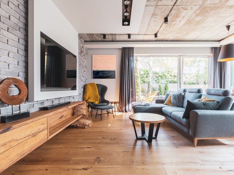 Rustic living room with natural hardwood flooring