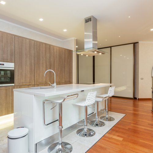 Modern kitchen makeover with wood flooring in Minnesota